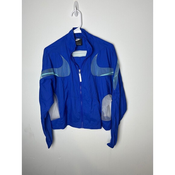 Nike Jacket Womens Large Blue Giant Swoosh Mesh Windbreaker Running Zip Air Max - Picture 1 of 6
